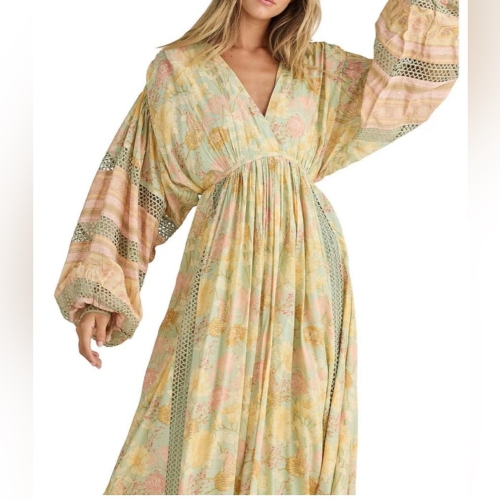Talisman Pharoah Woven V-Neck Long Sleeve Floral Lace Insert Maxi Dress